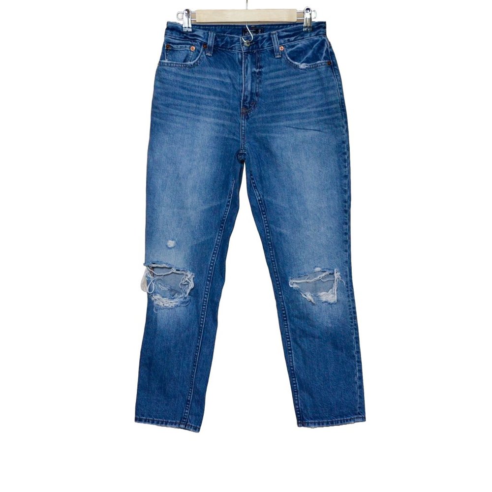 Abercrombie & Fitch girlfriend fit destroyed jeans in washed blue